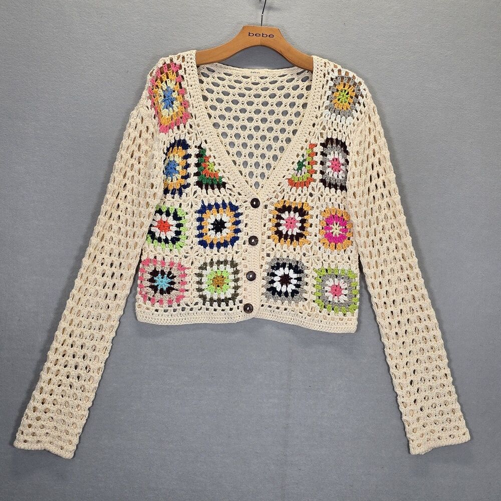 Debut Crochet Cream Granny Square Cardigan Sweater size Medium